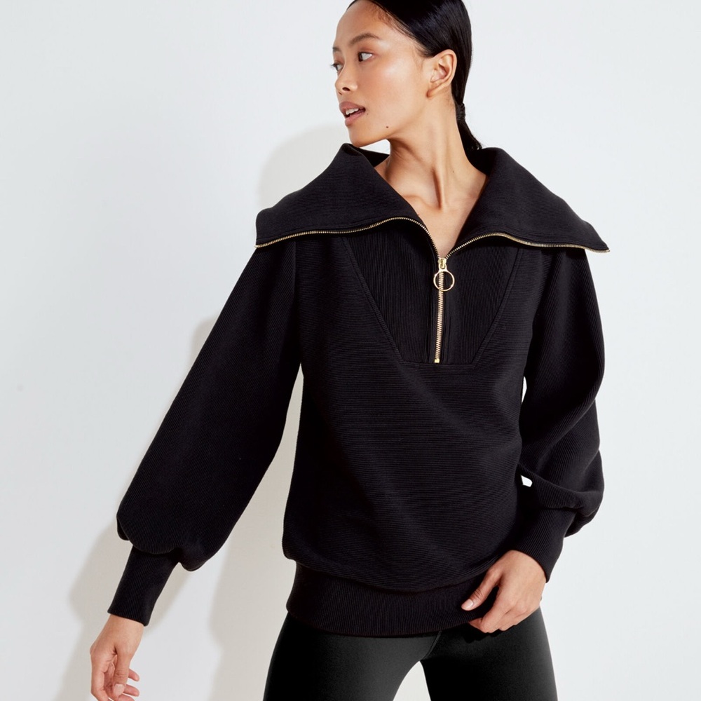 VARLEY Black Zip-Up Sweater with Gold Trim